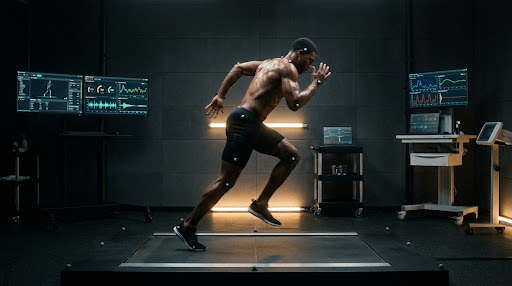 A quiet high-end laboratory-style gym at night.